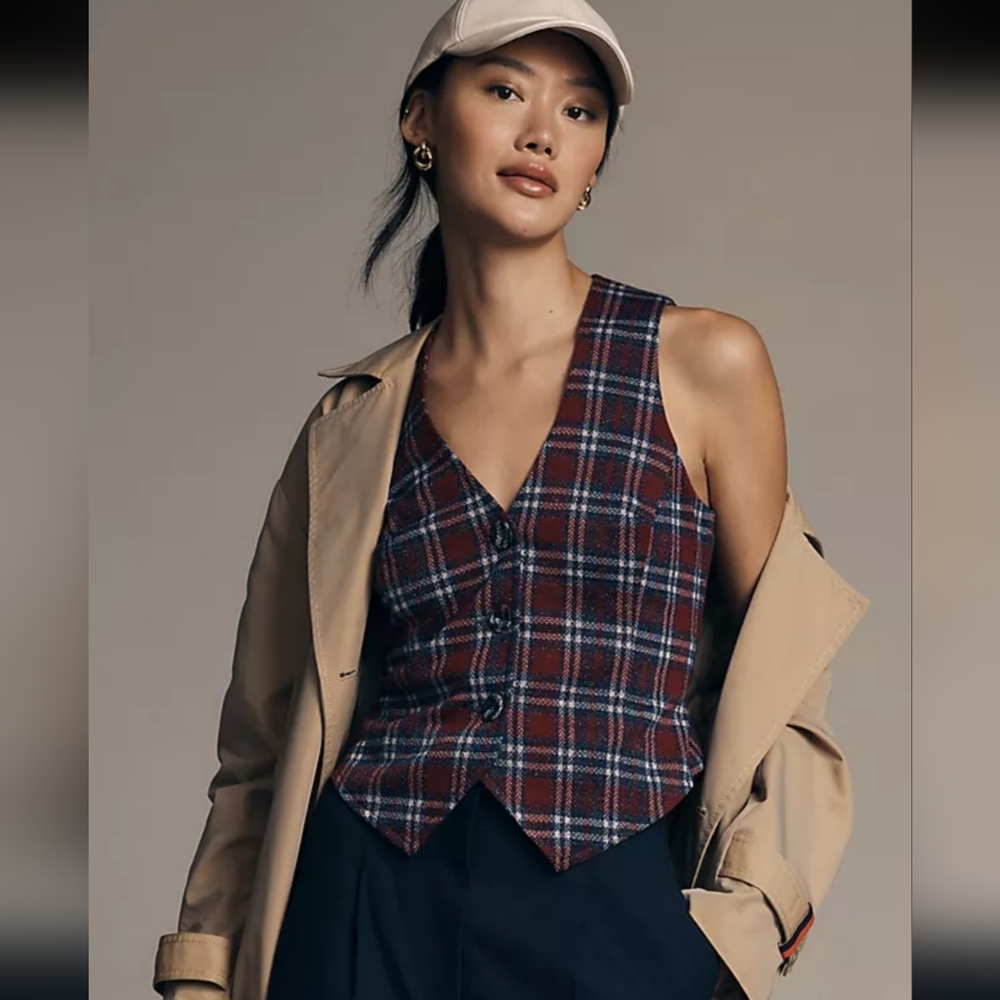 NWT Anthropologie Plaid Button Vest